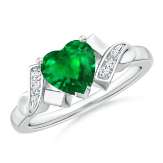 7mm AAAA Solitaire Emerald Heart Ring with Diamond Accents in P950 Platinum