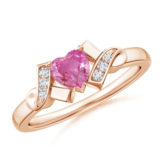 5mm AAA Solitaire Pink Sapphire Heart Ring with Diamond Accents in 9K Rose Gold