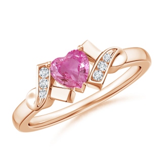 5mm AAA Solitaire Pink Sapphire Heart Ring with Diamond Accents in Rose Gold