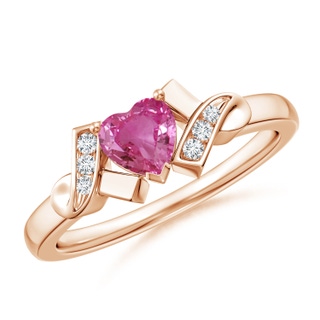 5mm AAAA Solitaire Pink Sapphire Heart Ring with Diamond Accents in 9K Rose Gold