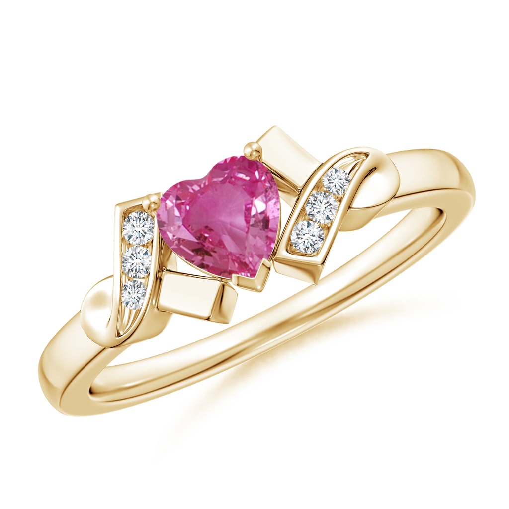 5mm AAAA Solitaire Pink Sapphire Heart Ring with Diamond Accents in Yellow Gold