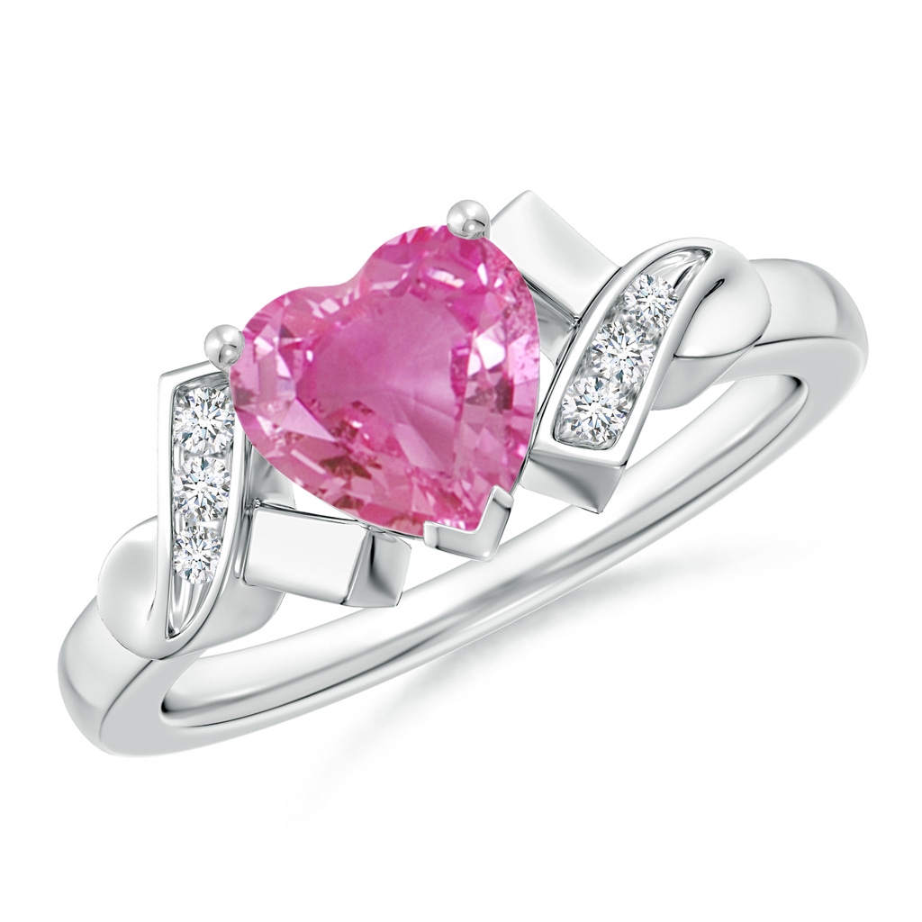 7mm AAA Solitaire Pink Sapphire Heart Ring with Diamond Accents in White Gold