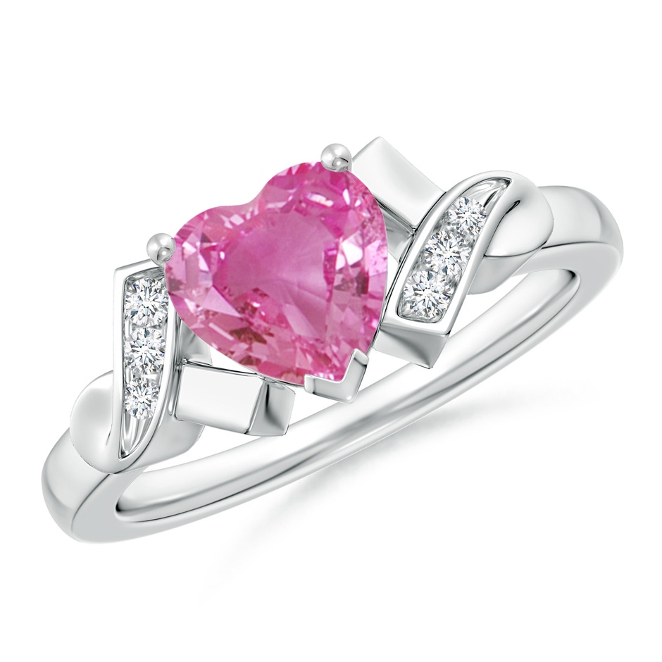 7mm AAA Solitaire Pink Sapphire Heart Ring with Diamond Accents in White Gold 