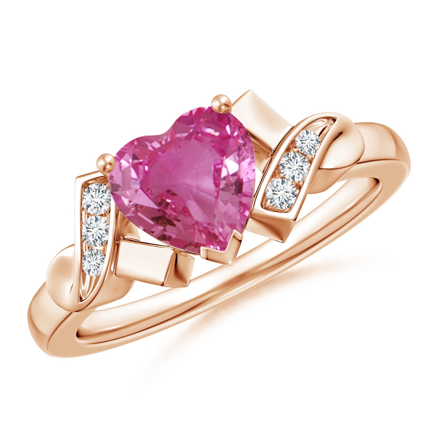 Solitaire Pink Sapphire Heart Ring with Diamond Accents
