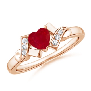5mm AA Solitaire Ruby Heart Ring with Diamond Accents in Rose Gold