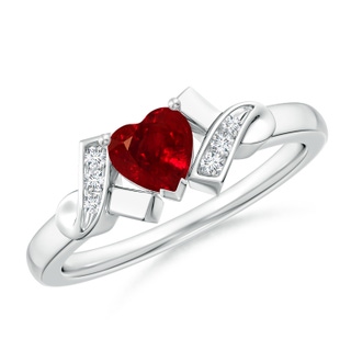 5mm AAAA Solitaire Ruby Heart Ring with Diamond Accents in P950 Platinum