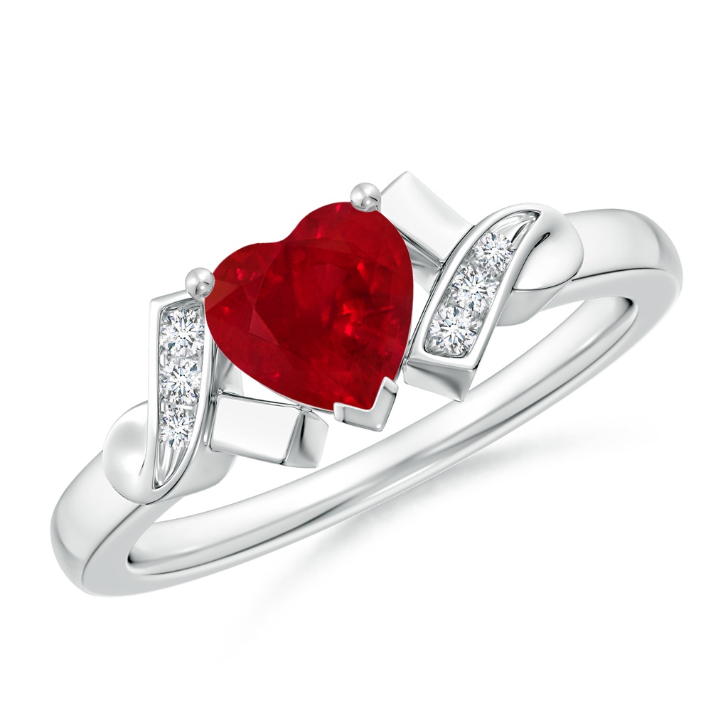 6mm AAA Solitaire Ruby Heart Ring with Diamond Accents in White Gold