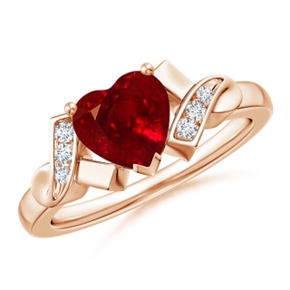 7mm AAAA Solitaire Ruby Heart Ring with Diamond Accents in 9K Rose Gold