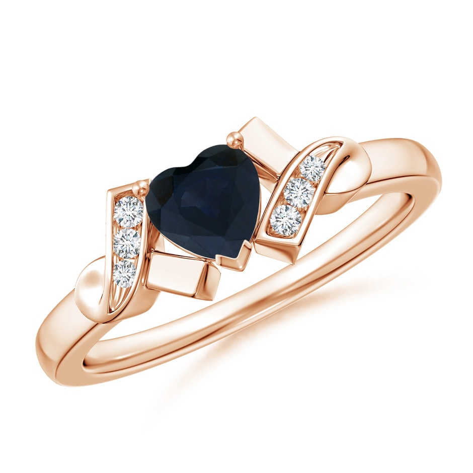 5mm A Solitaire Blue Sapphire Heart Ring with Diamond Accents in Rose Gold 