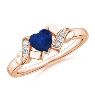 5mm AA Solitaire Blue Sapphire Heart Ring with Diamond Accents in Rose Gold