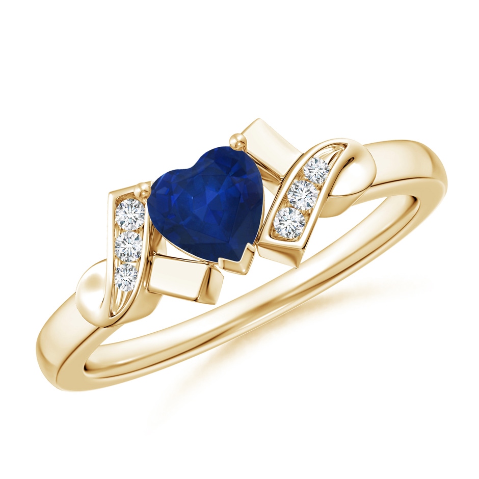 5mm AA Solitaire Blue Sapphire Heart Ring with Diamond Accents in Yellow Gold 