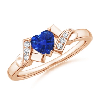 5mm AAA Solitaire Blue Sapphire Heart Ring with Diamond Accents in 10K Rose Gold