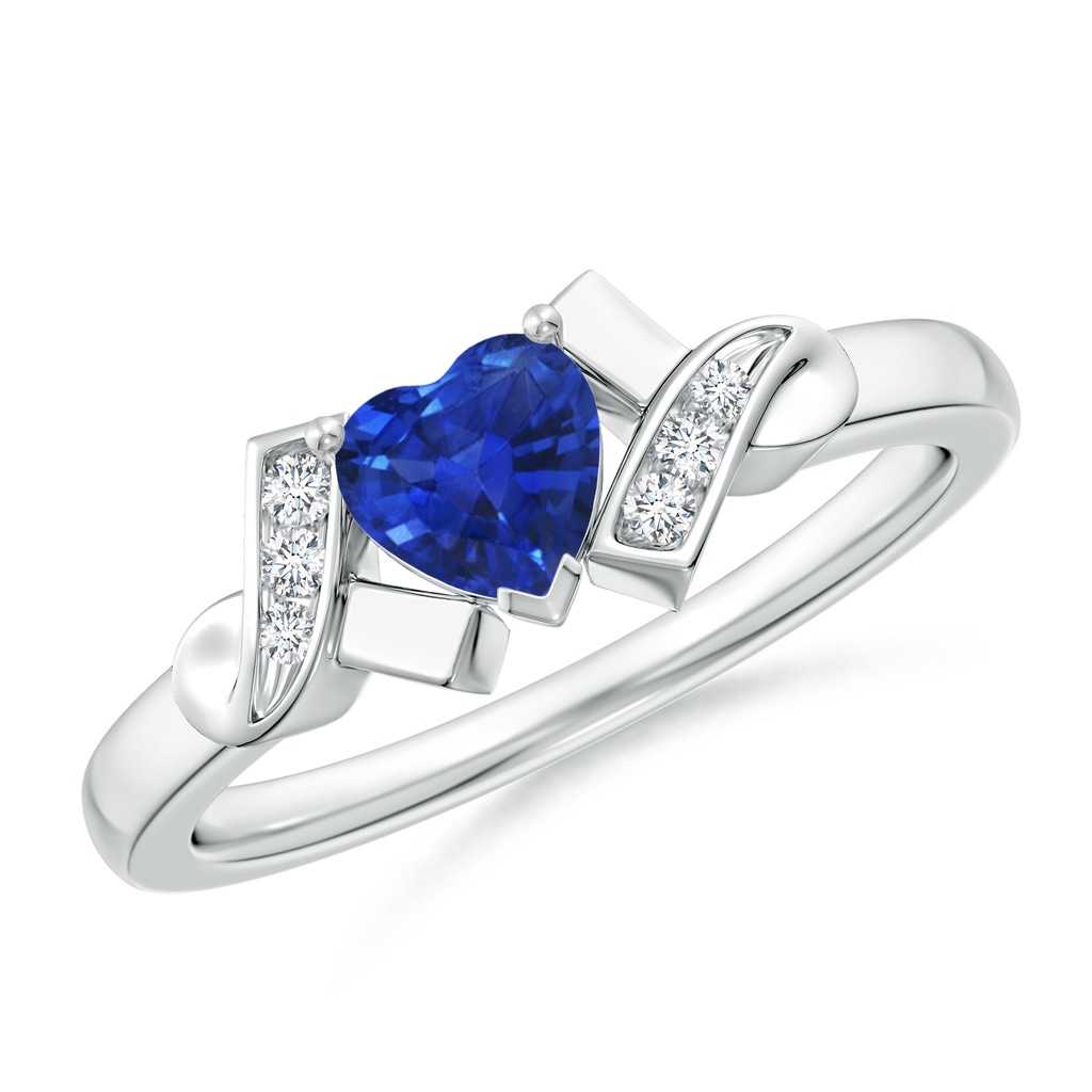 5mm AAA Solitaire Blue Sapphire Heart Ring with Diamond Accents in P950 Platinum