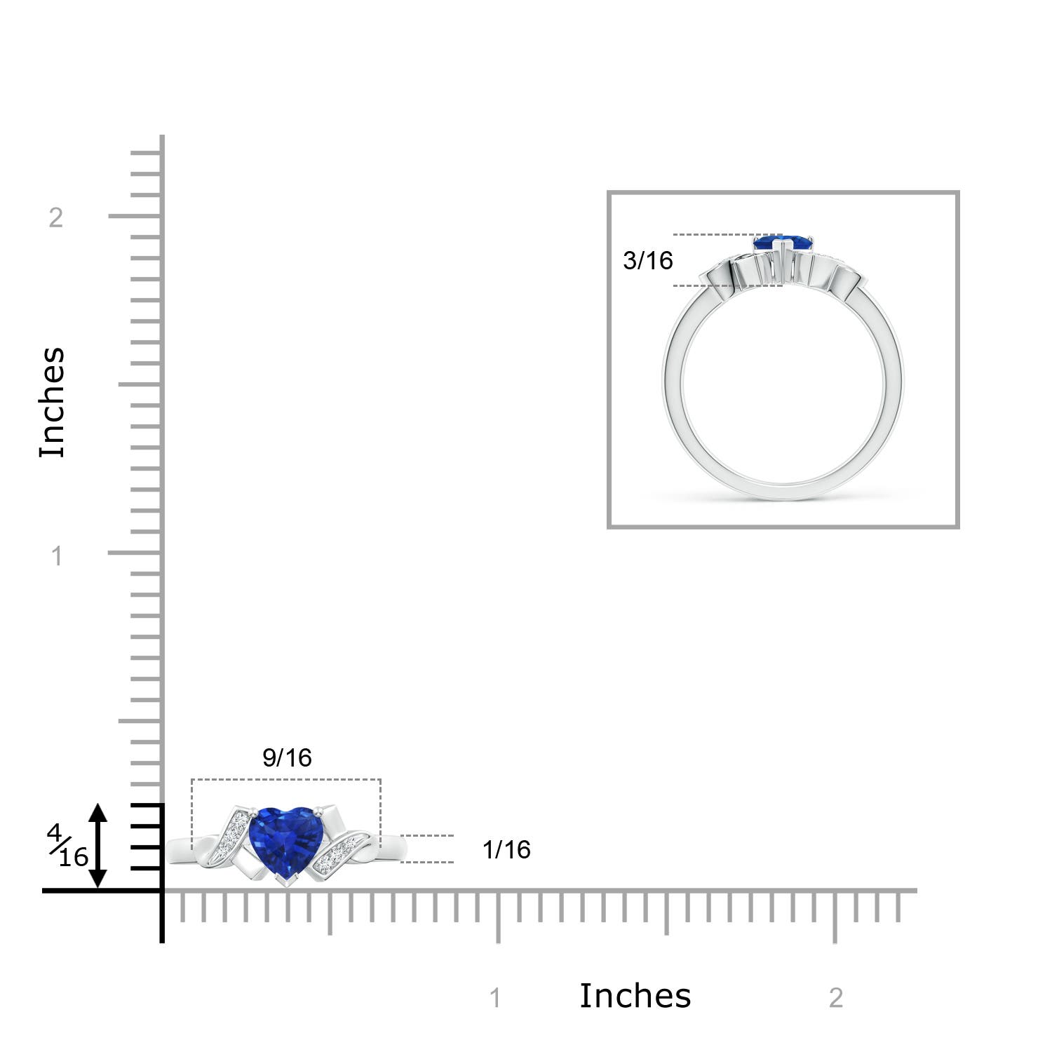 5mm AAA Solitaire Blue Sapphire Heart Ring with Diamond Accents in P950 Platinum - ruler