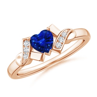 5mm AAAA Solitaire Blue Sapphire Heart Ring with Diamond Accents in Rose Gold