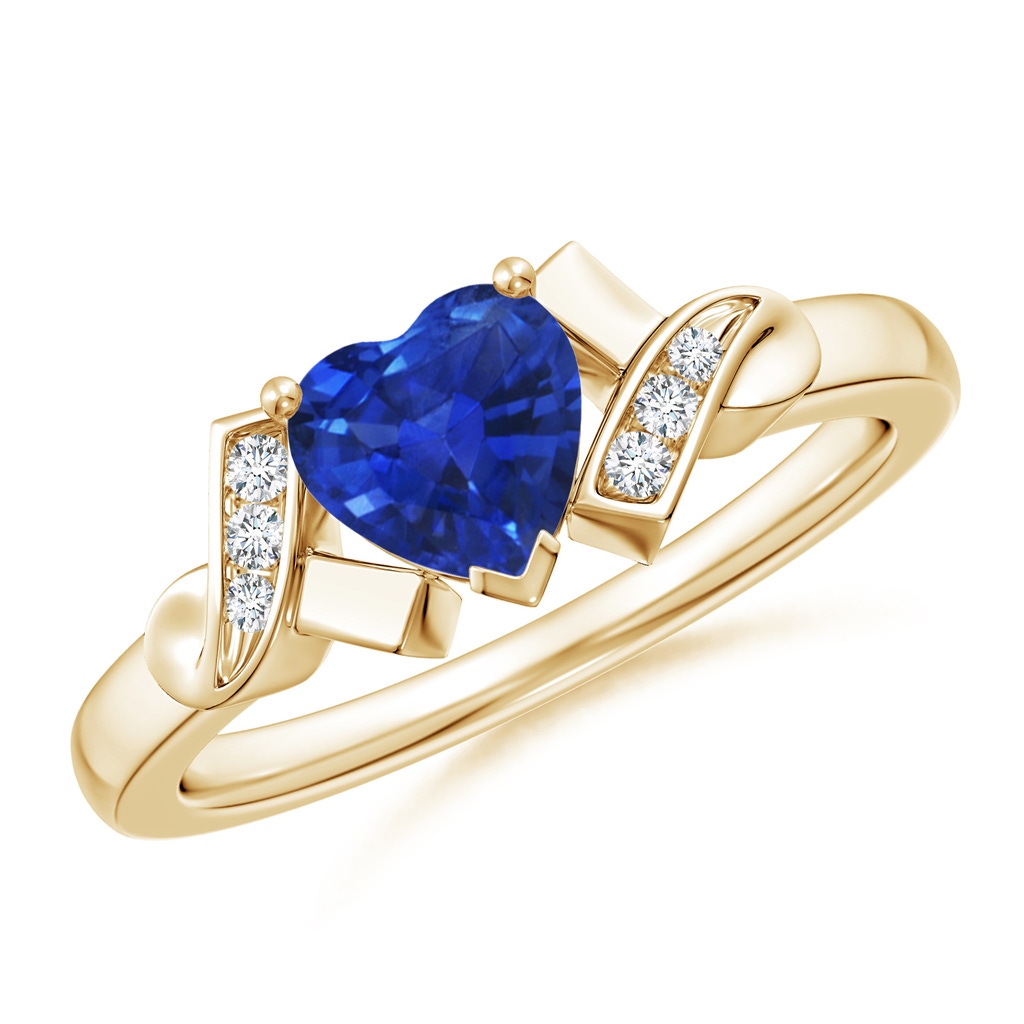 6mm AAA Solitaire Blue Sapphire Heart Ring with Diamond Accents in Yellow Gold