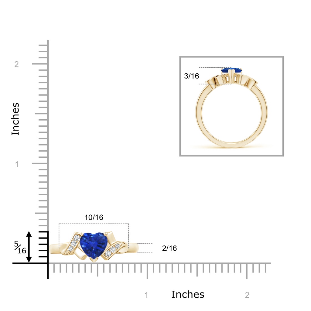 6mm AAA Solitaire Blue Sapphire Heart Ring with Diamond Accents in Yellow Gold Ruler