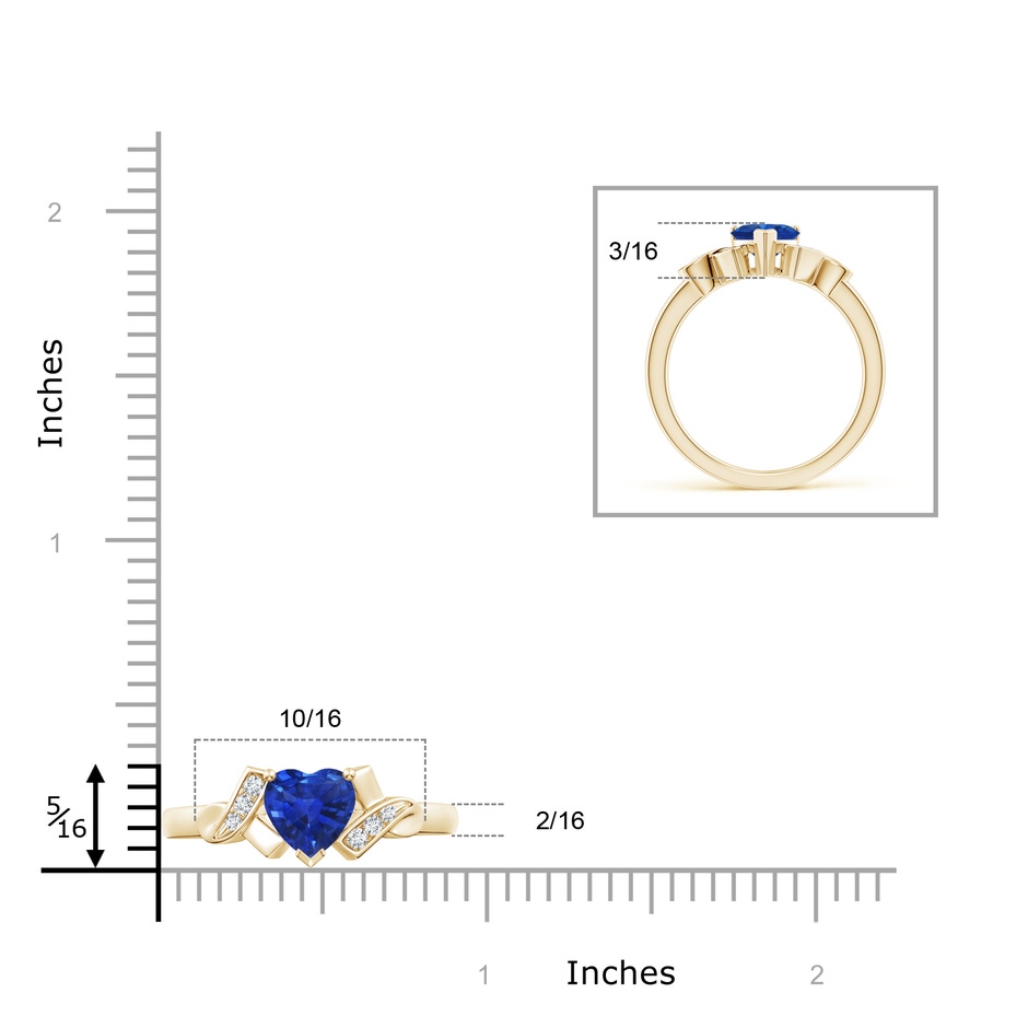 6mm AAA Solitaire Blue Sapphire Heart Ring with Diamond Accents in Yellow Gold ruler