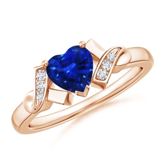 6mm AAAA Solitaire Blue Sapphire Heart Ring with Diamond Accents in Rose Gold