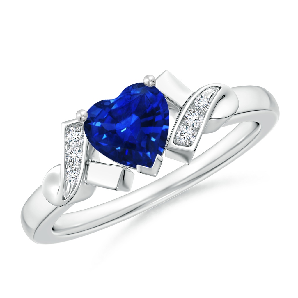 6mm AAAA Solitaire Blue Sapphire Heart Ring with Diamond Accents in White Gold