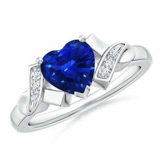 7mm AAAA Solitaire Blue Sapphire Heart Ring with Diamond Accents in P950 Platinum
