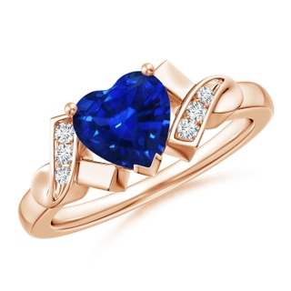 7mm AAAA Solitaire Blue Sapphire Heart Ring with Diamond Accents in Rose Gold