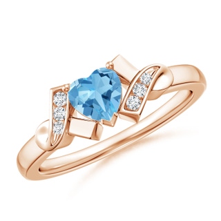 5mm AA Solitaire Swiss Blue Topaz Heart Ring with Diamond Accents in 10K Rose Gold