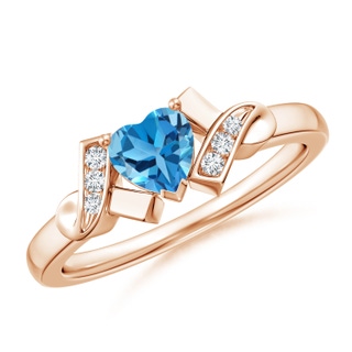 5mm AAA Solitaire Swiss Blue Topaz Heart Ring with Diamond Accents in 10K Rose Gold