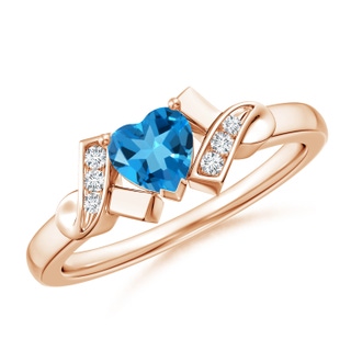 5mm AAAA Solitaire Swiss Blue Topaz Heart Ring with Diamond Accents in 10K Rose Gold