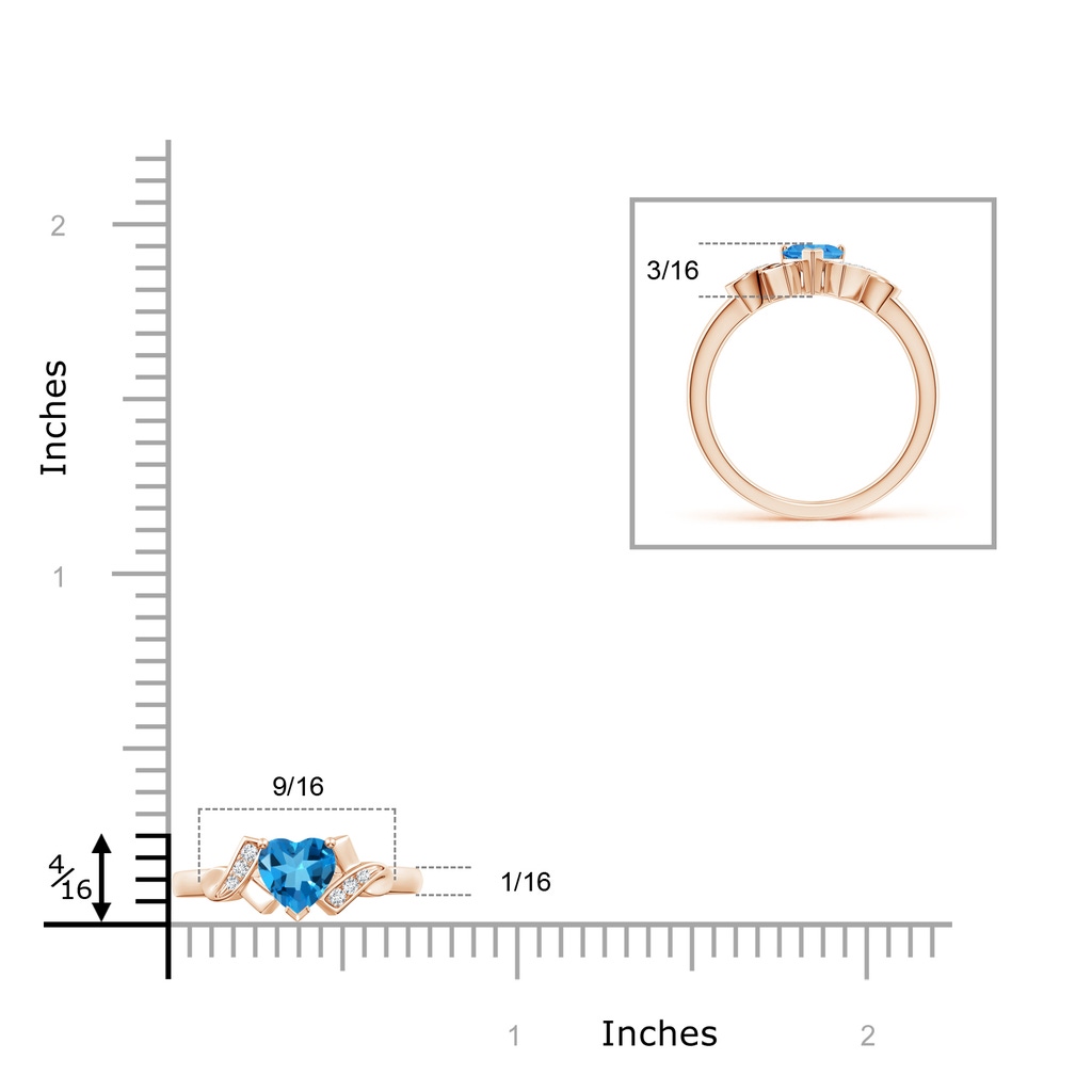 5mm AAAA Solitaire Swiss Blue Topaz Heart Ring with Diamond Accents in Rose Gold Ruler