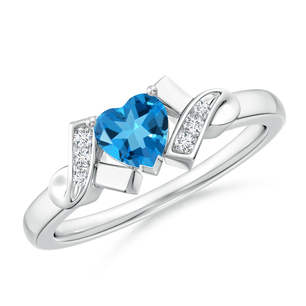 5mm AAAA Solitaire Swiss Blue Topaz Heart Ring with Diamond Accents in White Gold