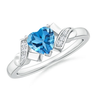6mm AAA Solitaire Swiss Blue Topaz Heart Ring with Diamond Accents in White Gold