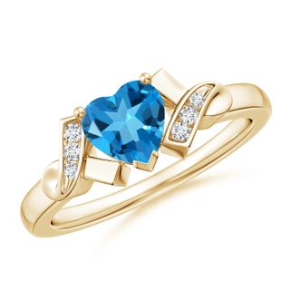 6mm AAAA Solitaire Swiss Blue Topaz Heart Ring with Diamond Accents in Yellow Gold