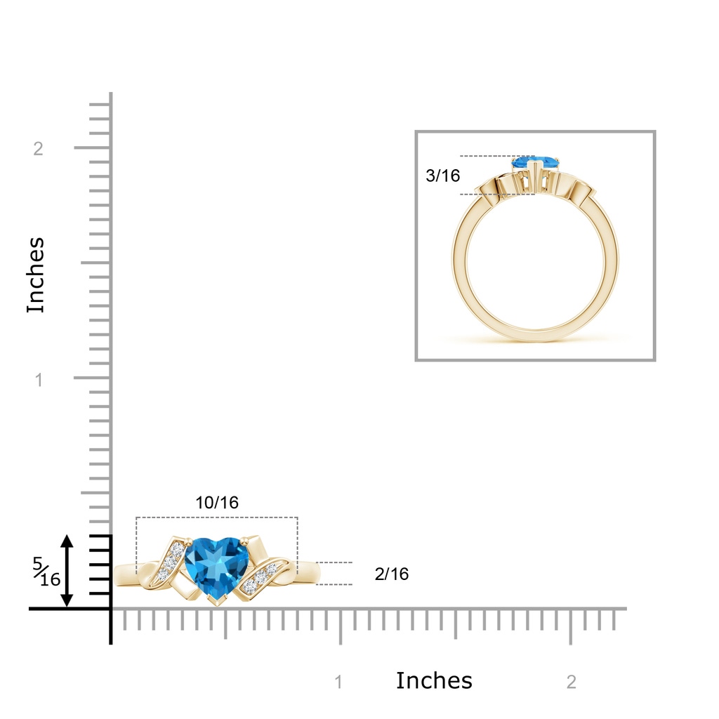 6mm AAAA Solitaire Swiss Blue Topaz Heart Ring with Diamond Accents in Yellow Gold Ruler