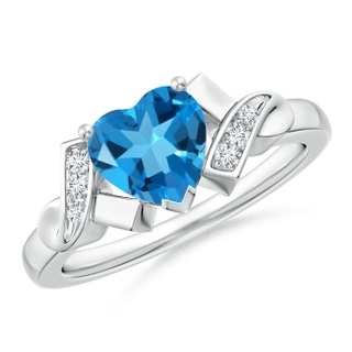 7mm AAAA Solitaire Swiss Blue Topaz Heart Ring with Diamond Accents in P950 Platinum