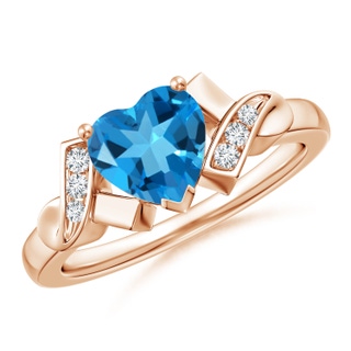 7mm AAAA Solitaire Swiss Blue Topaz Heart Ring with Diamond Accents in Rose Gold