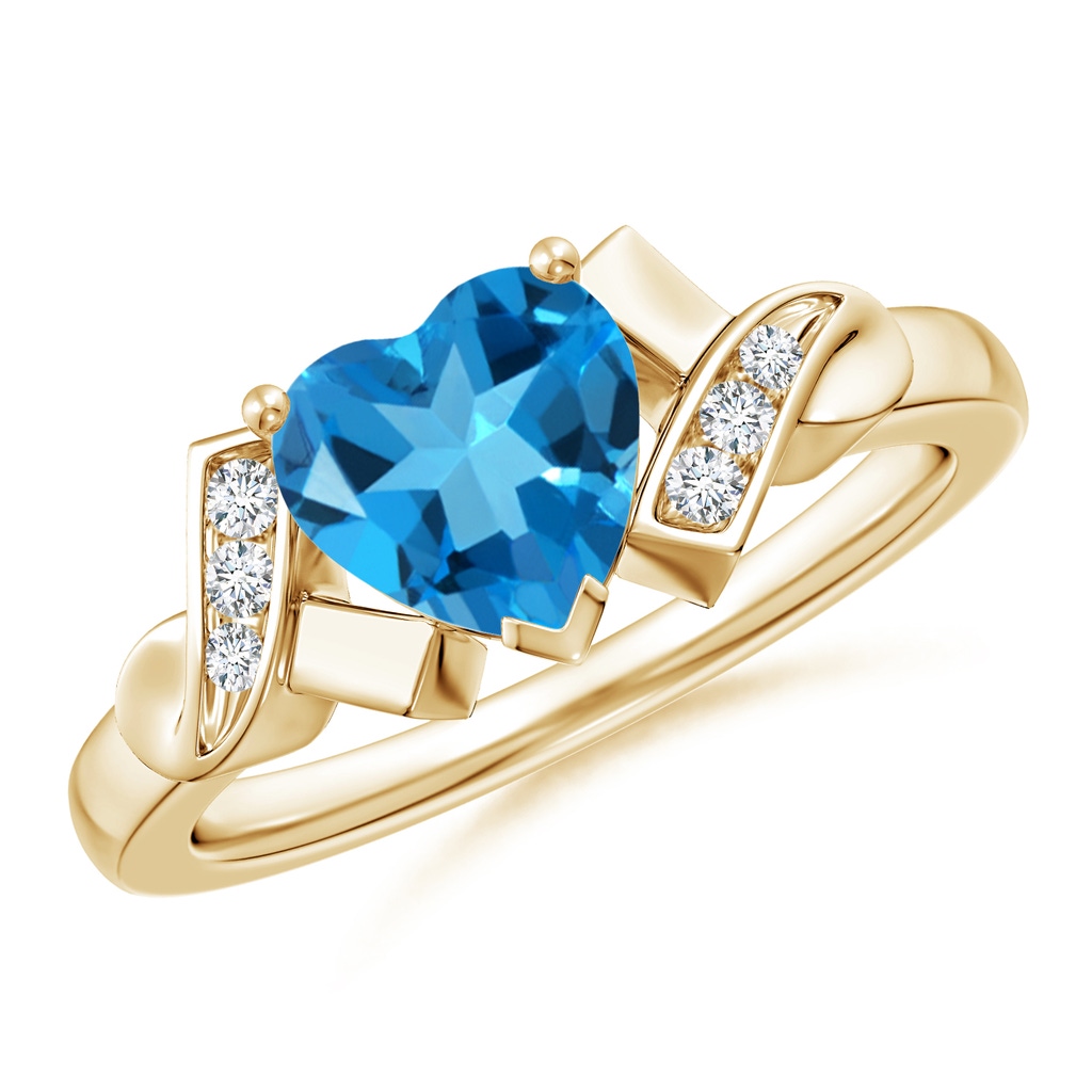 7mm AAAA Solitaire Swiss Blue Topaz Heart Ring with Diamond Accents in Yellow Gold