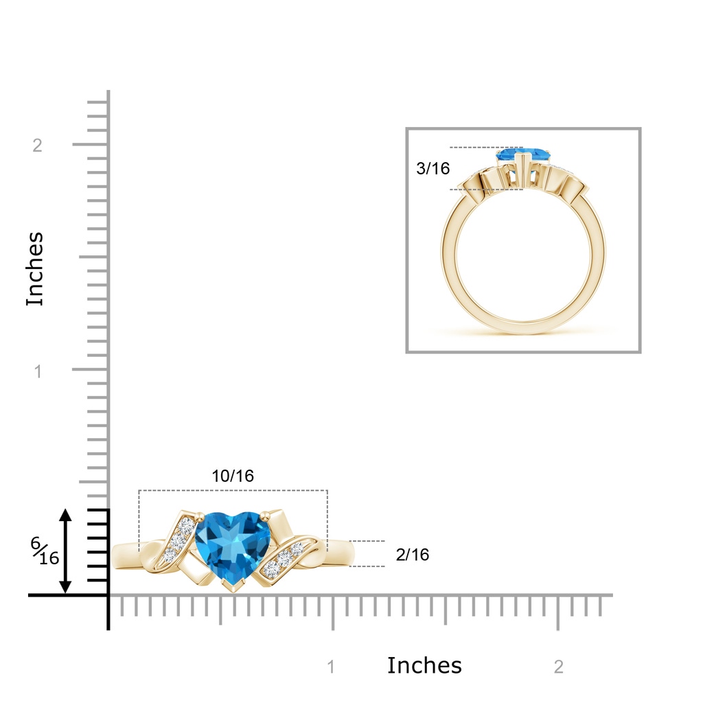 7mm AAAA Solitaire Swiss Blue Topaz Heart Ring with Diamond Accents in Yellow Gold Ruler