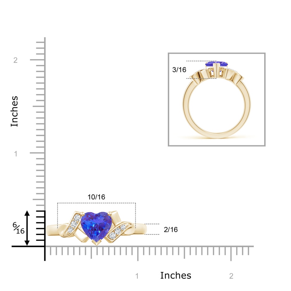 7mm AAA Solitaire Tanzanite Heart Ring with Diamond Accents in Yellow Gold ruler