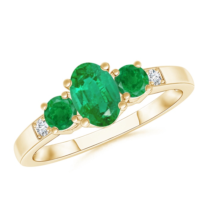 6x4mm AA Three Stone Emerald Engagement Ring with Diamond Accents in Yellow Gold 