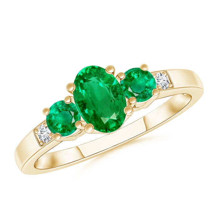 6x4mm AAA Three Stone Emerald Engagement Ring with Diamond Accents in Yellow Gold 