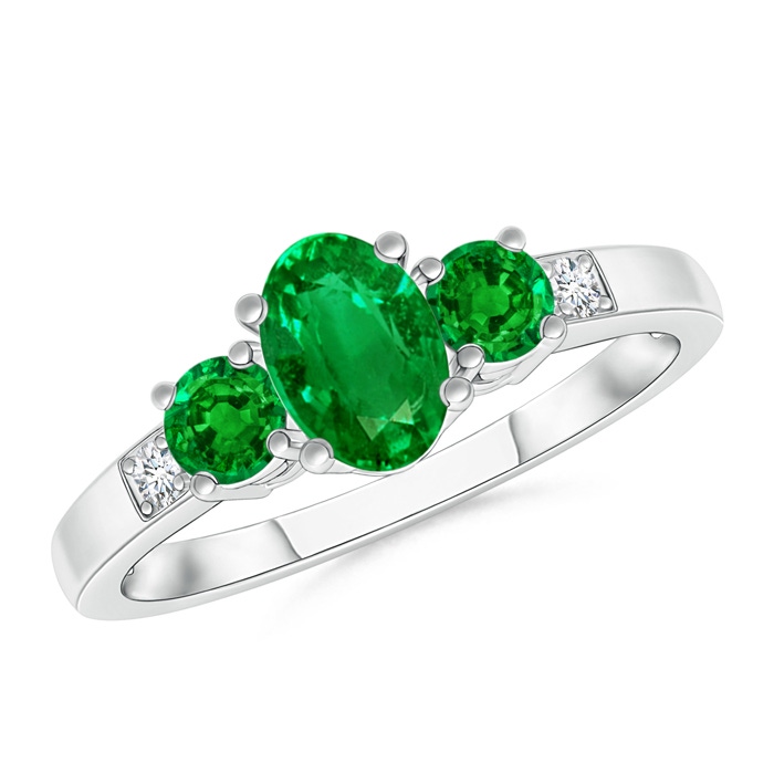 6x4mm Lab-Grown Three Stone Emerald Engagement Ring with Diamond Accents in White Gold