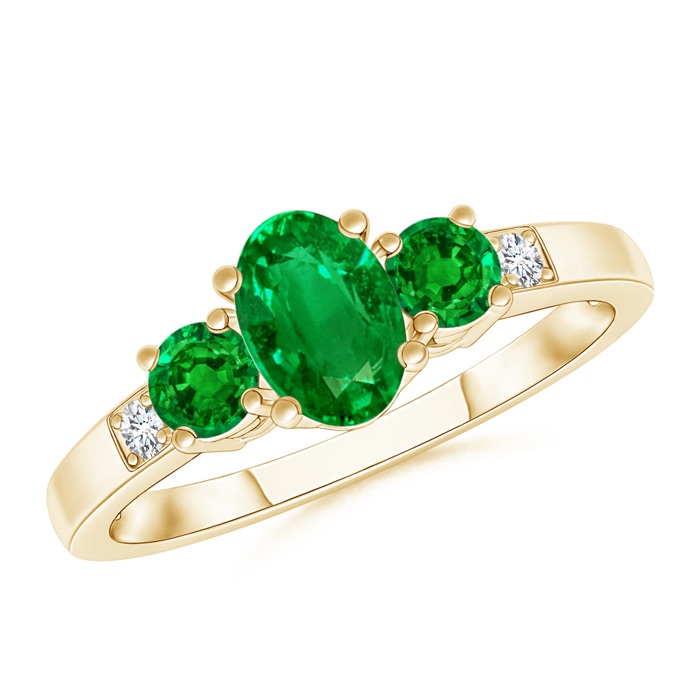 6x4mm AAAA Three Stone Emerald Engagement Ring with Diamond Accents in Yellow Gold 