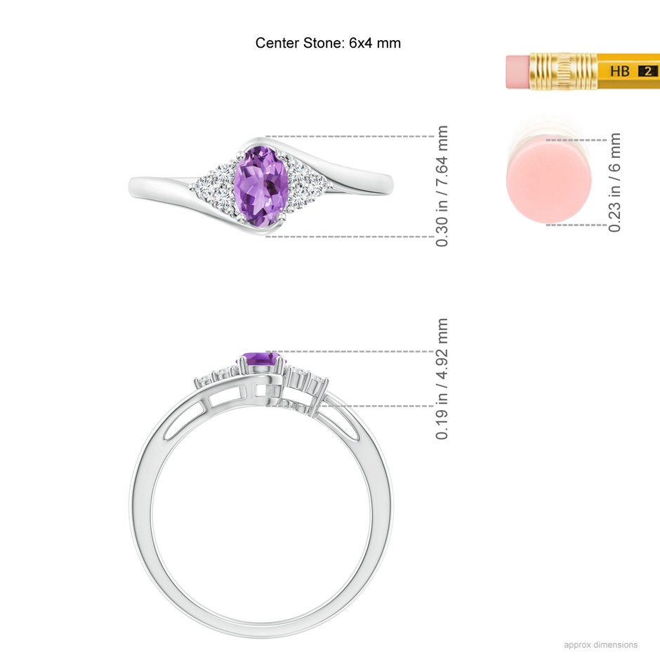 6x4mm A Oval Amethyst Bypass Ring with Trio Diamond Accents in White Gold ruler