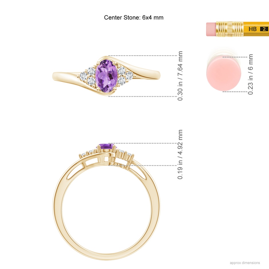 6x4mm A Oval Amethyst Bypass Ring with Trio Diamond Accents in Yellow Gold ruler