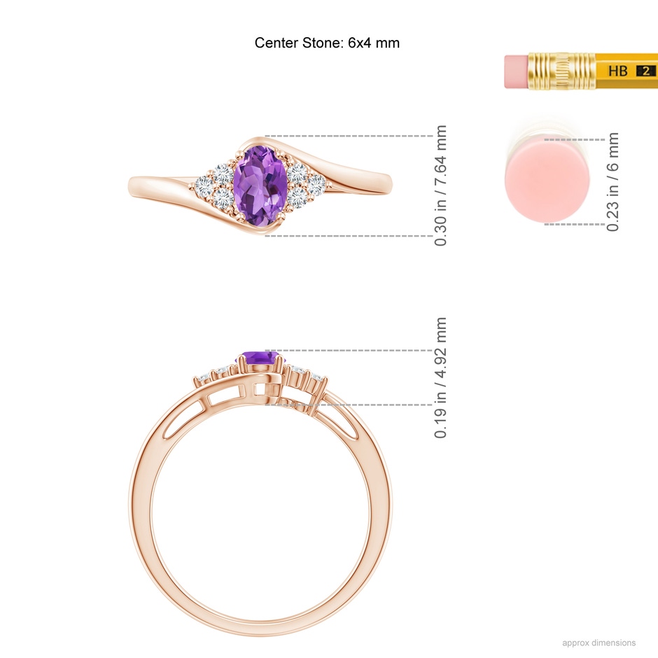 6x4mm AA Oval Amethyst Bypass Ring with Trio Diamond Accents in Rose Gold ruler