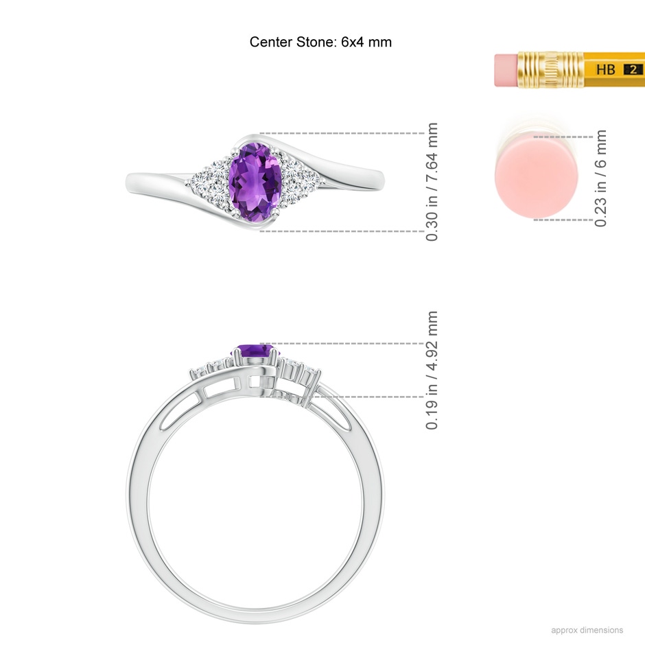 6x4mm AAA Oval Amethyst Bypass Ring with Trio Diamond Accents in P950 Platinum ruler
