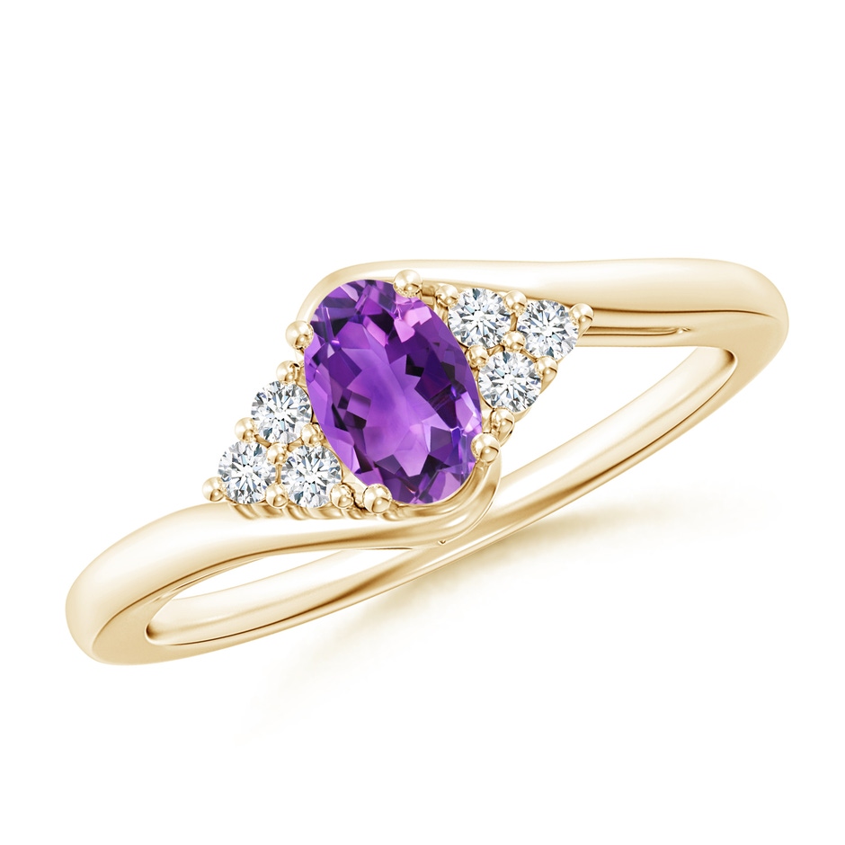 6x4mm AAA Oval Amethyst Bypass Ring with Trio Diamond Accents in Yellow Gold 