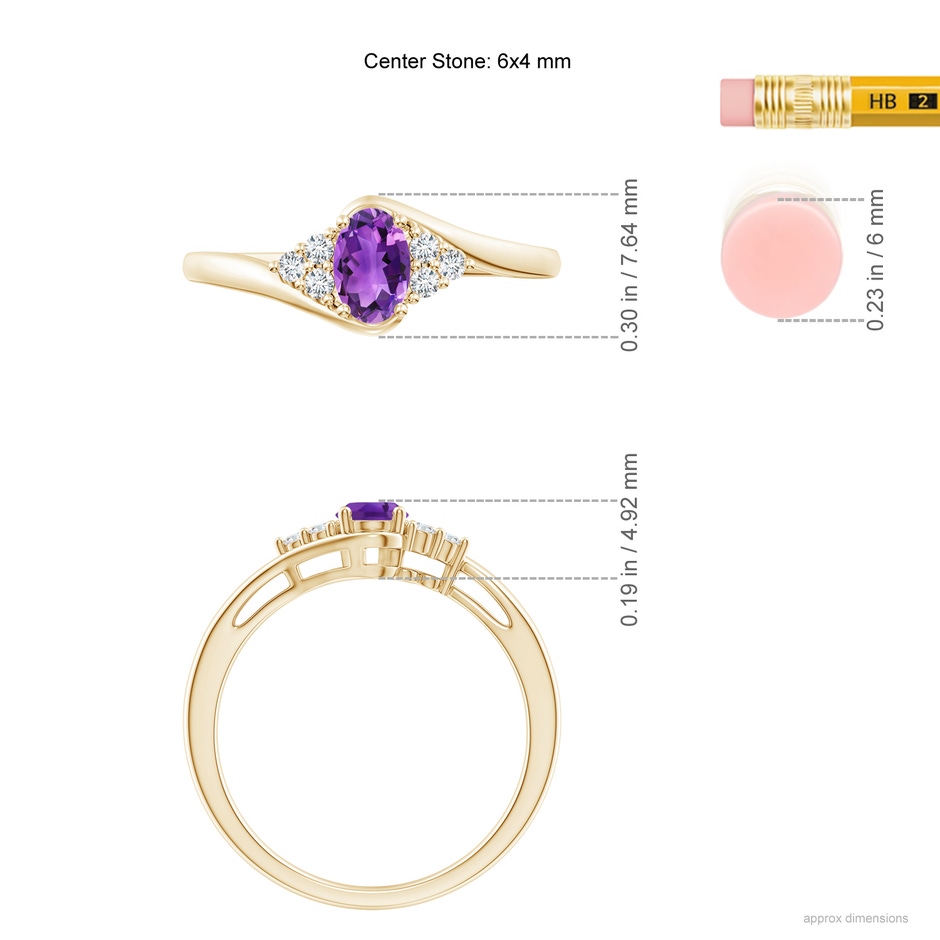 6x4mm AAA Oval Amethyst Bypass Ring with Trio Diamond Accents in Yellow Gold ruler