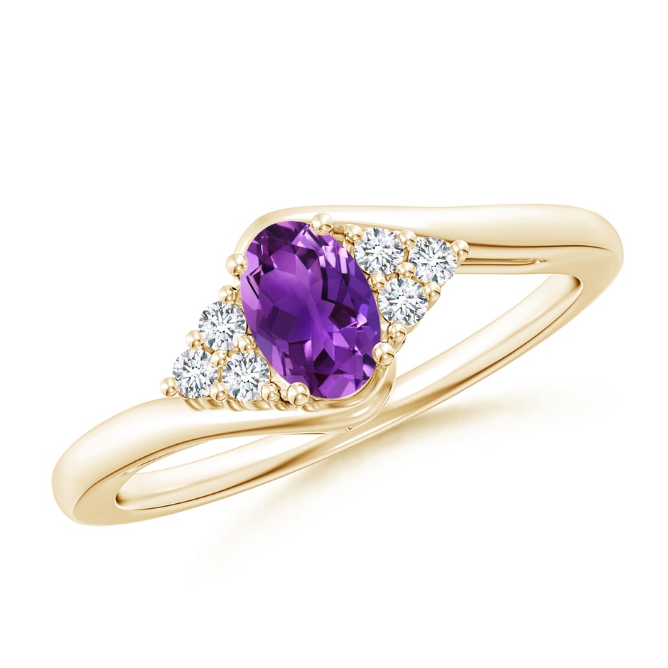 6x4mm AAAA Oval Amethyst Bypass Ring with Trio Diamond Accents in Yellow Gold 